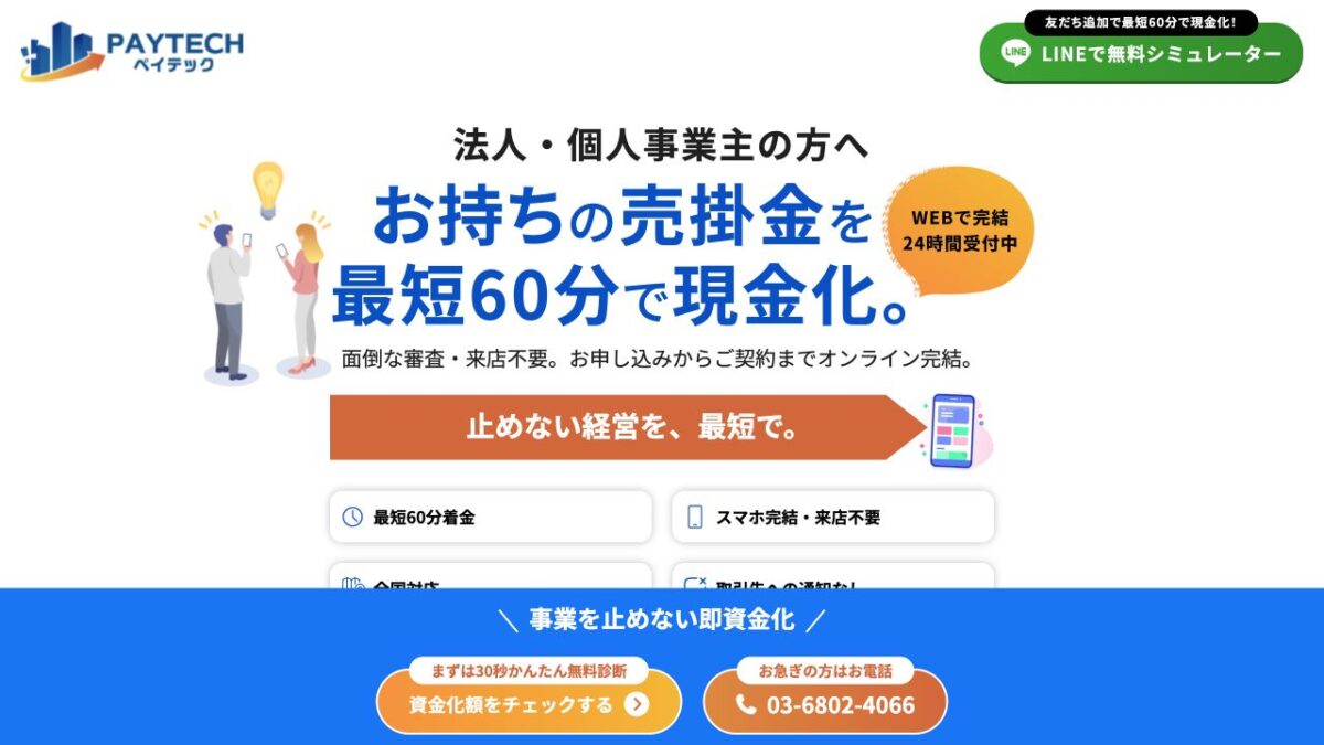 PAYTECH公式サイトのトップ画面に掲載された最短60分融資と電話番号03-6802-4066の案内