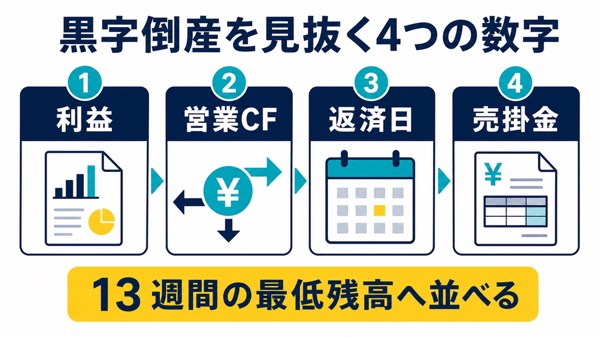 黒字倒産を見抜く利益、営業キャッシュフロー、返済日、売掛金の4項目