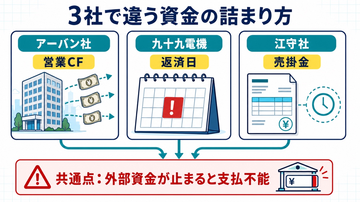 アーバン社、九十九電機、江守社で異なる資金の詰まり方