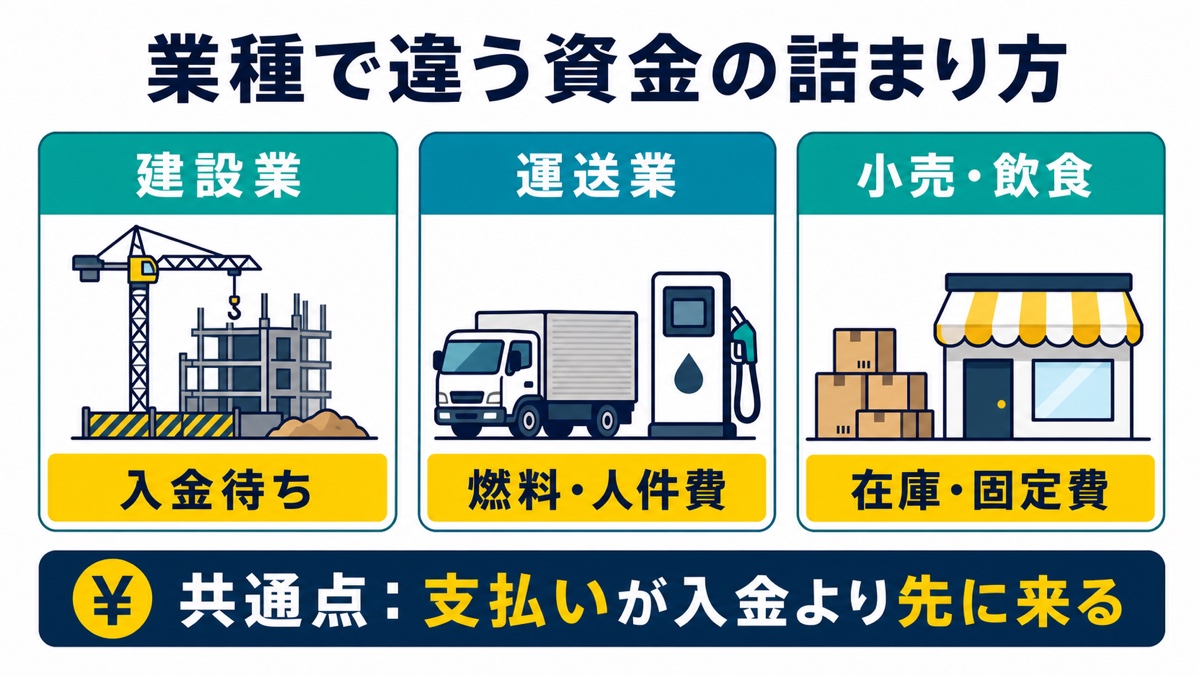 建設業、運送業、小売・飲食で異なる資金の詰まり方