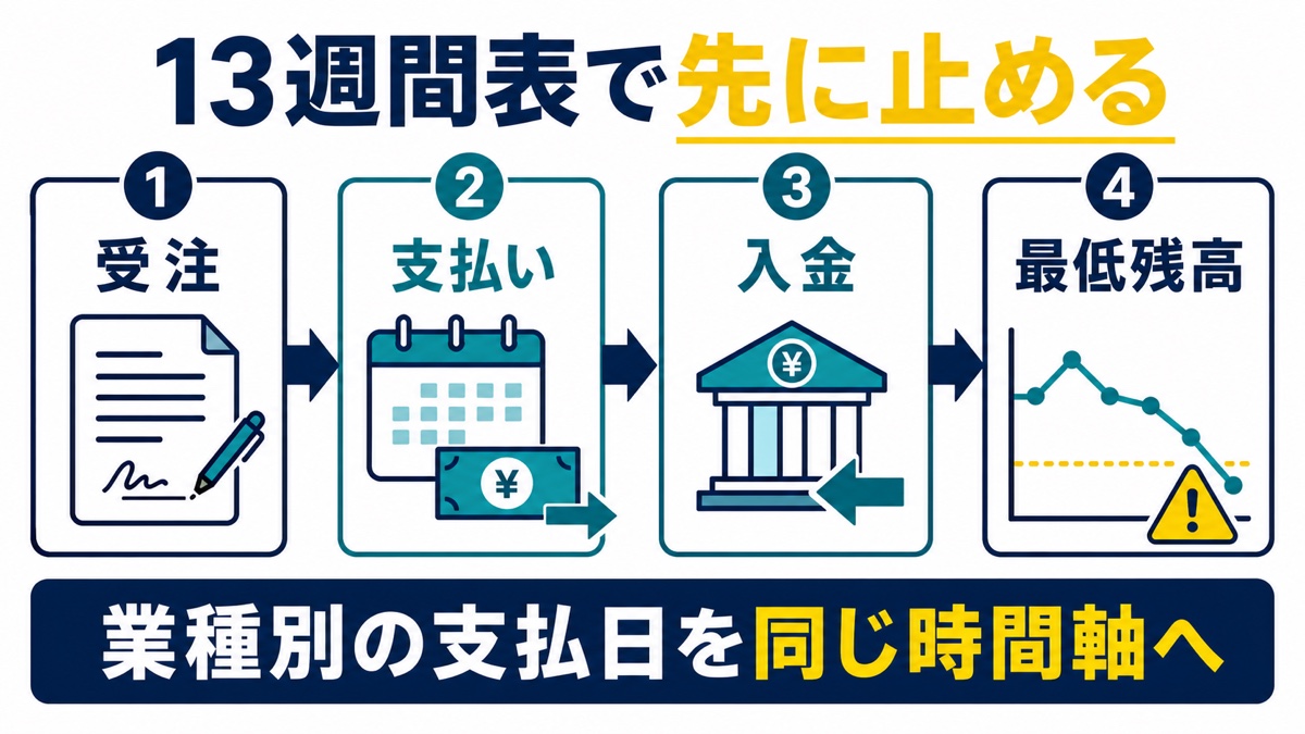 受注、支払い、入金、最低残高を13週間で管理する流れ