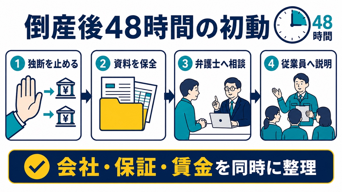 倒産後48時間で独断を止め資料保全・弁護士相談・従業員説明を進める流れ