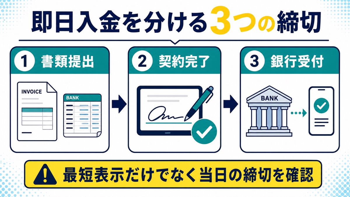 即日入金を分ける書類提出・契約完了・銀行受付の3つの締切