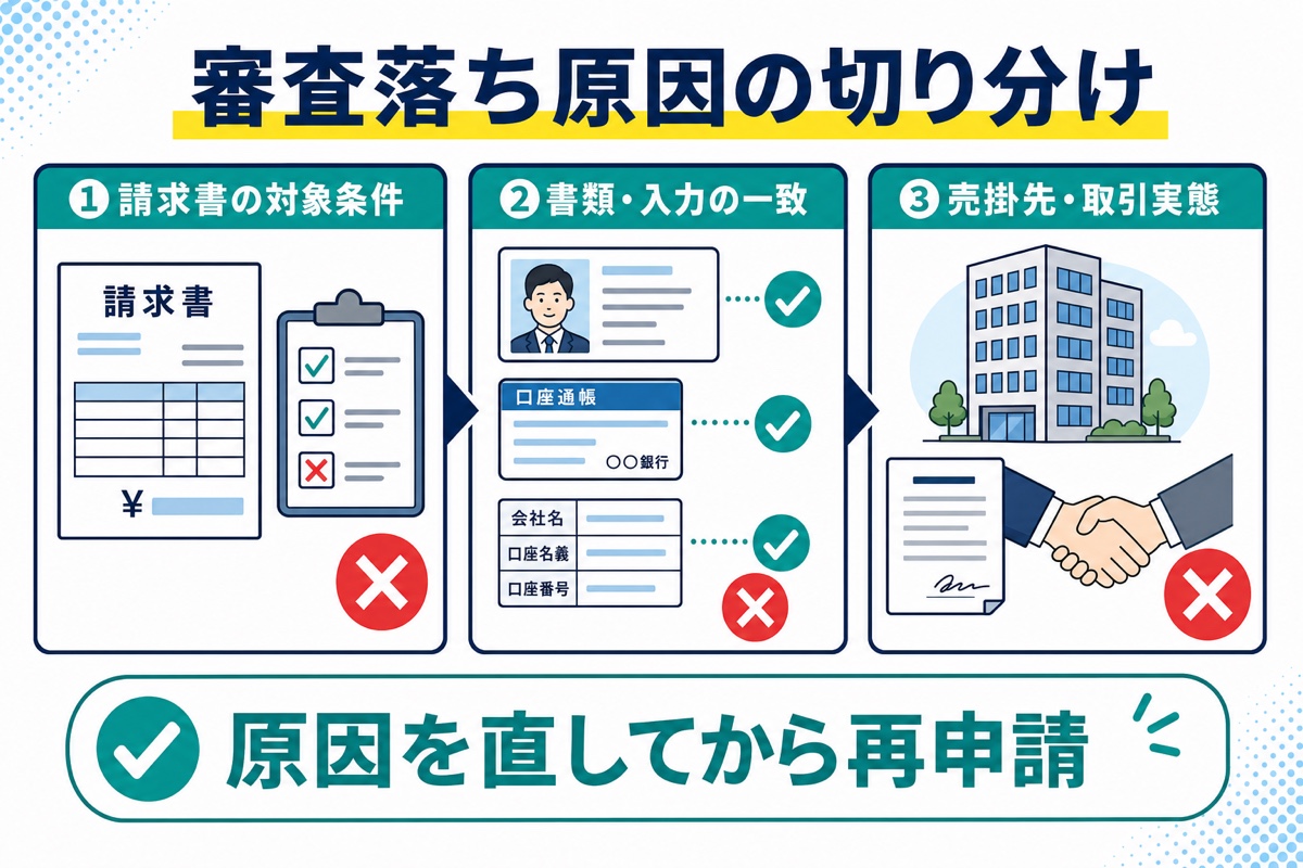 ペイトナーの審査落ち原因を請求書の対象条件・書類と入力の一致・売掛先と取引実態の3段階に分けた図