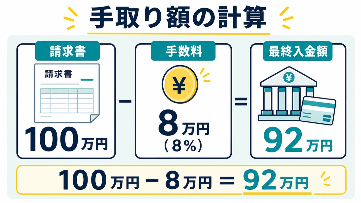 100万円の請求書を手数料8%で売却した場合の手取り額92万円の計算例