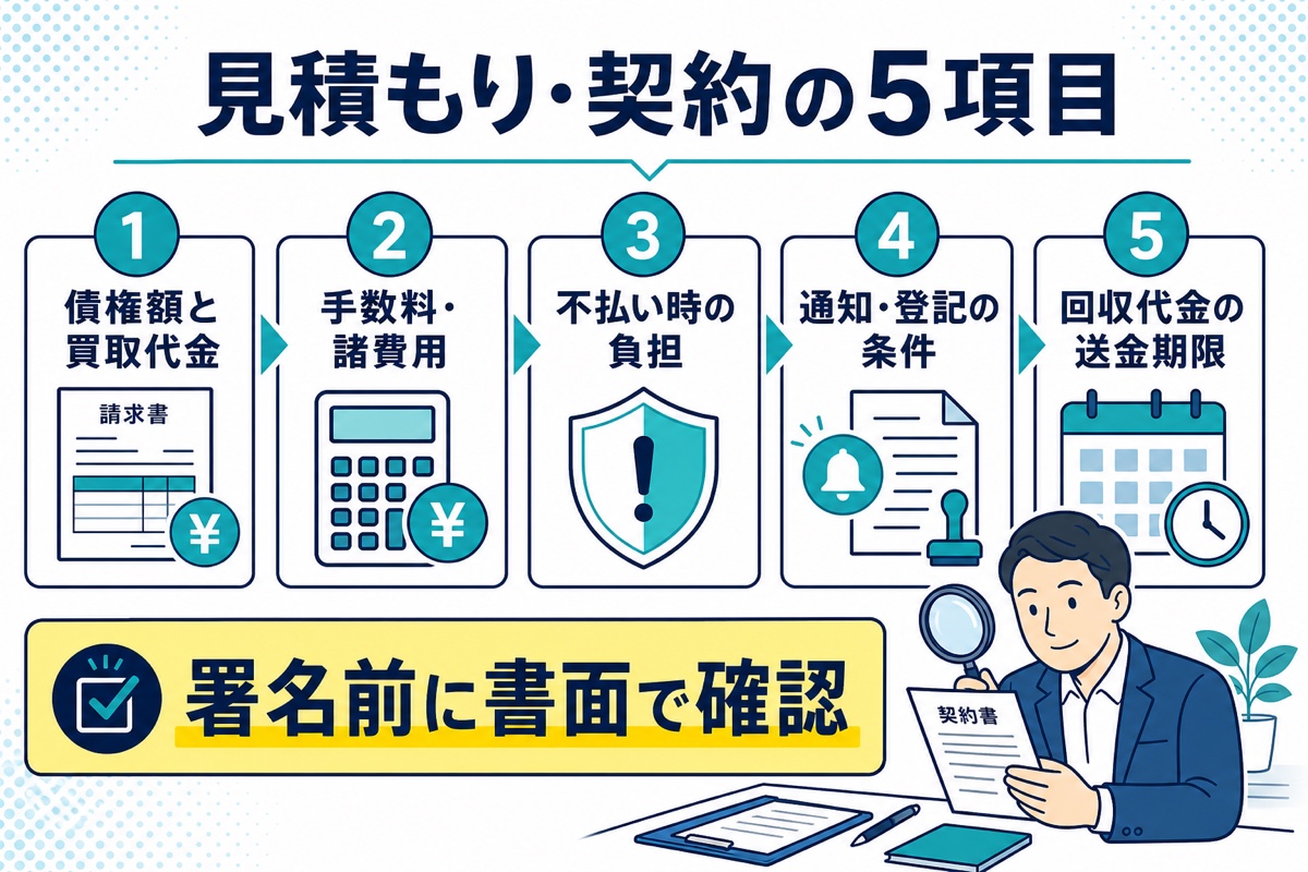 見積もりと契約書で確認する債権額・手数料・不払い時の負担・通知登記・送金期限の5項目