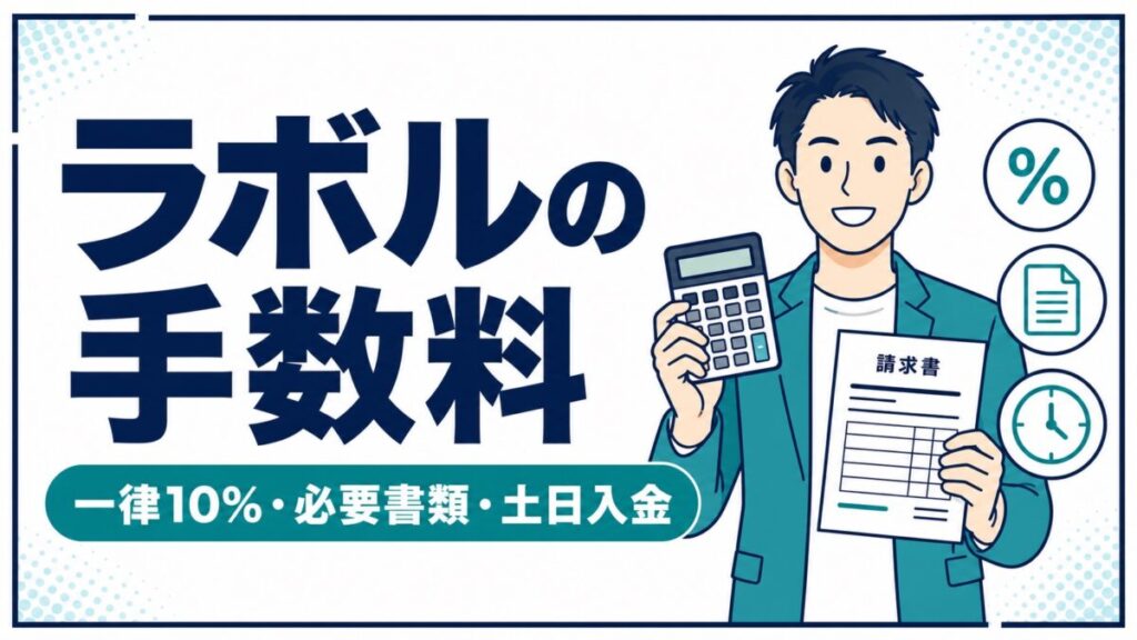 ラボルの手数料一律10％と必要書類・土日入金を示すイラスト