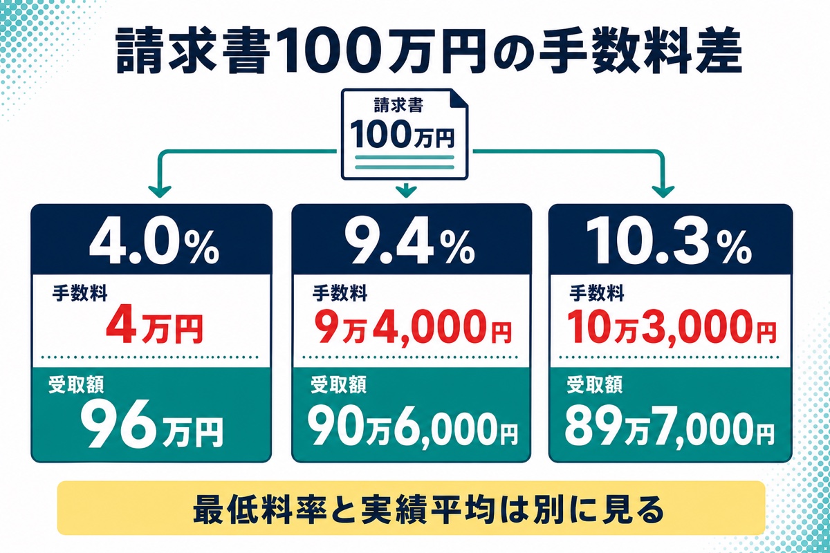 請求書100万円を手数料4.0％・9.4％・10.3％で資金化した受取額の比較