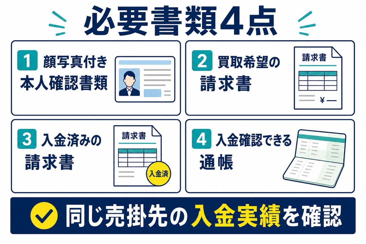 AGビジネスサポートのファクタリング申込に必要な本人確認書類・請求書・入金済み請求書・通帳の4点