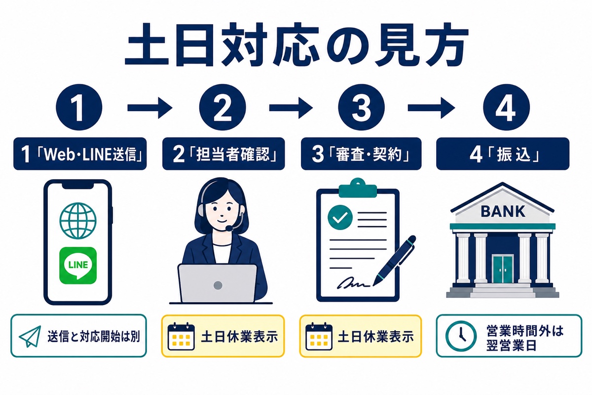 けんせつくんのWeb・LINE送信から担当者確認・審査契約・振込までの土日対応を分けた図