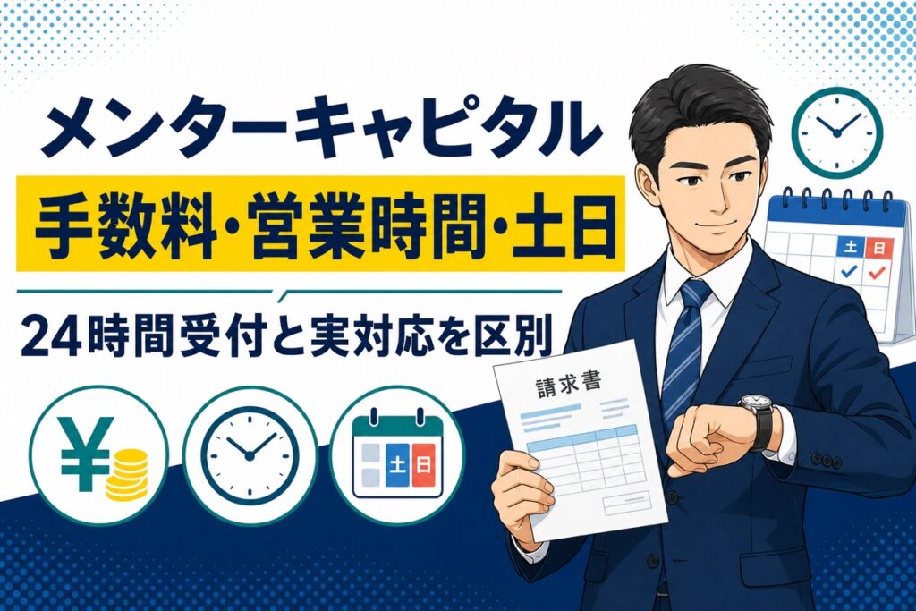 メンターキャピタルの手数料・営業時間・土日対応を解説する記事のアイキャッチ画像