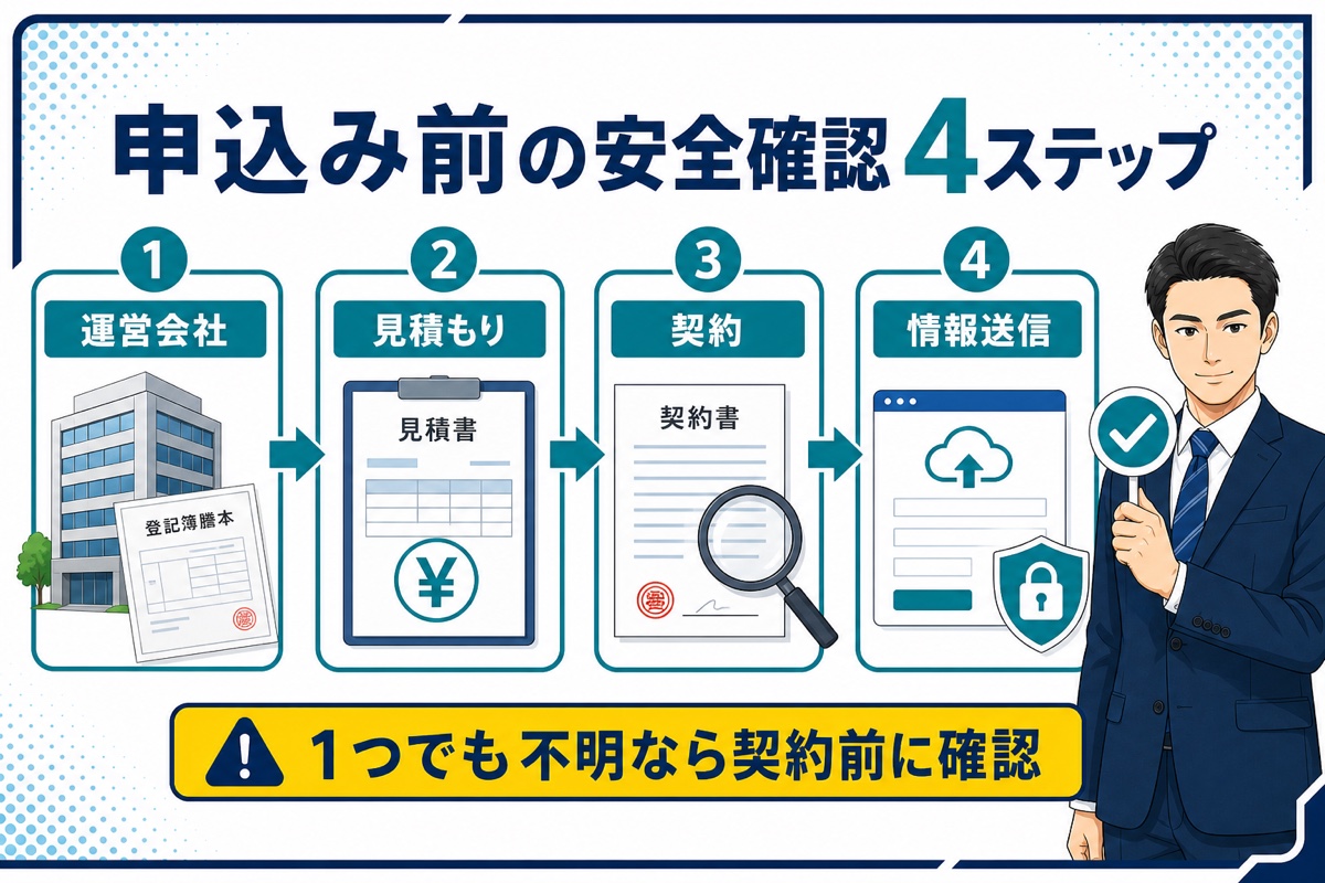 メンターキャピタル申込み前に運営会社・見積もり・契約・情報送信を4段階で確認する図