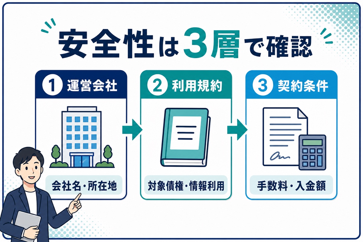 フリーナンスの安全性を運営会社・利用規約・契約条件の3層で確認する図