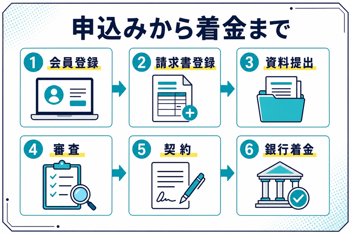 フリーナンスの申込みから着金までを6段階で示す図