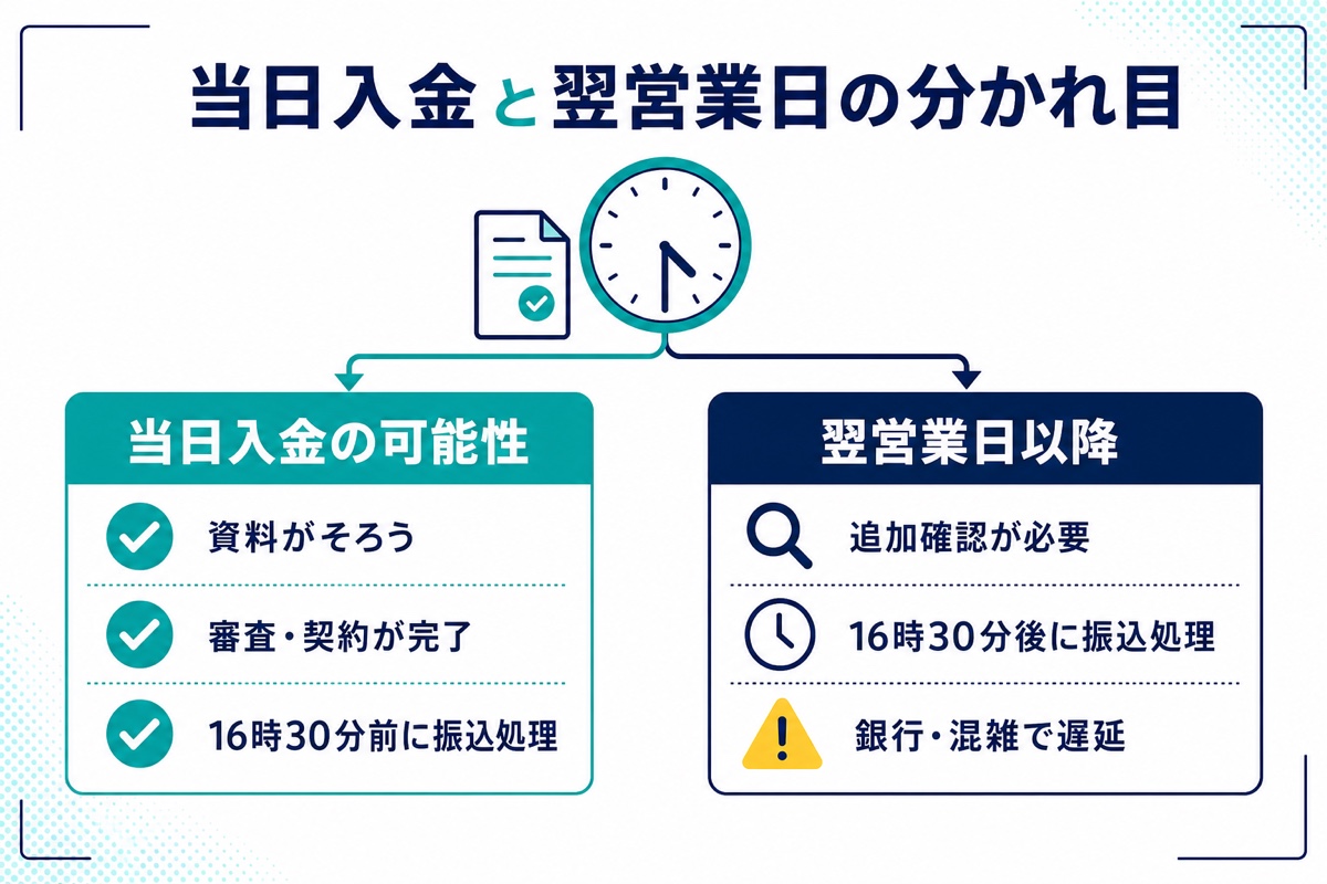 フリーナンスで当日入金と翌営業日を分ける条件の図