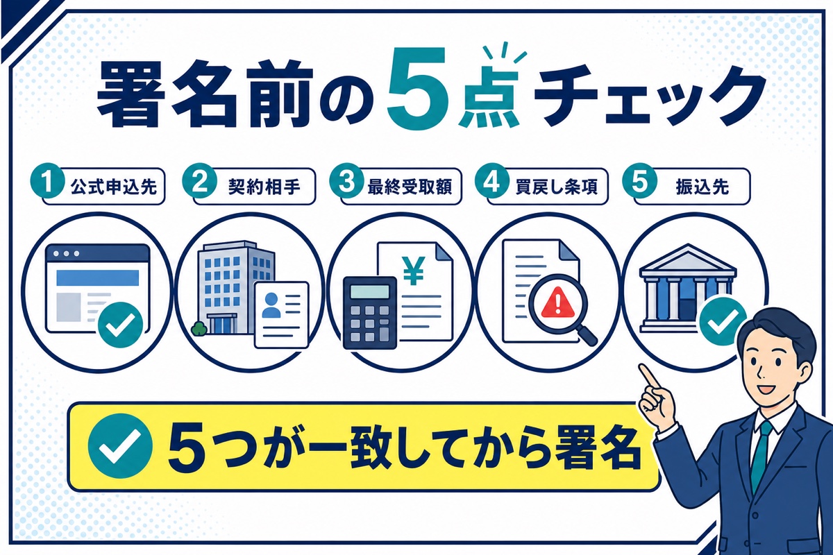 日本中小企業金融サポート機構との契約前に公式申込先・契約相手・最終受取額・買戻し条項・振込先を照合する図