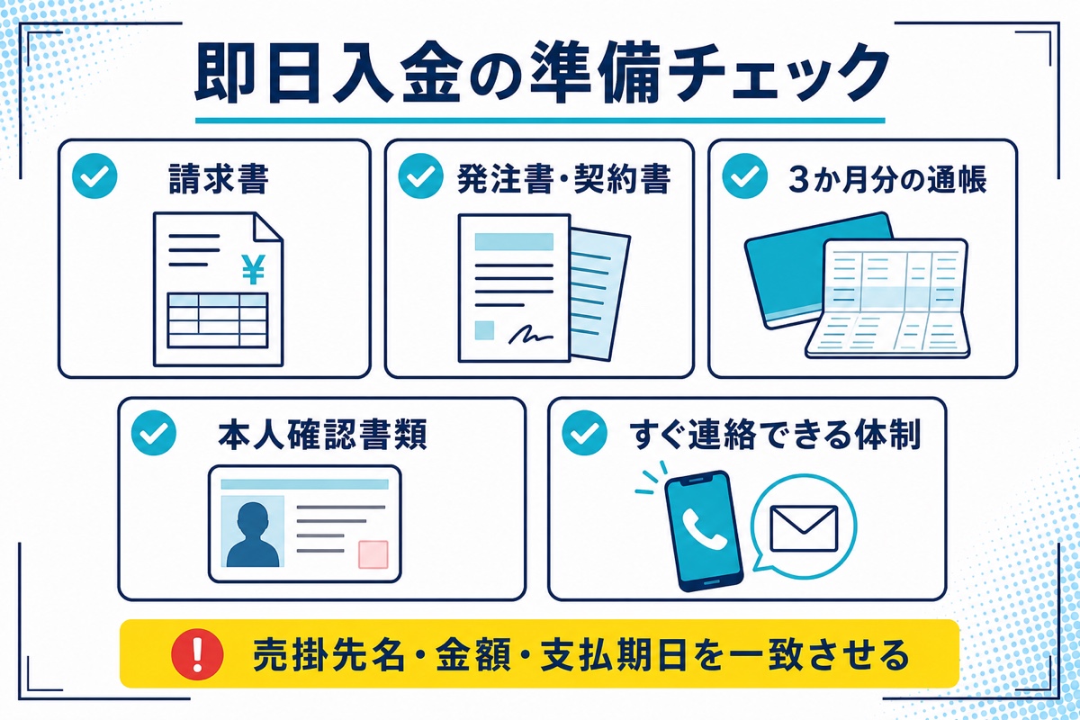 ファクタリングのTRYで即日入金を目指すときに確認する請求書・取引資料・通帳・本人確認書類・連絡体制のチェックリスト