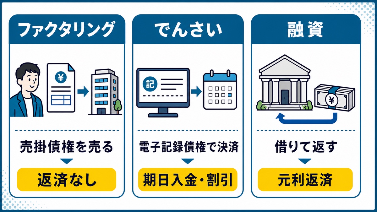 ファクタリング・でんさい・融資の仕組みと返済義務の比較
