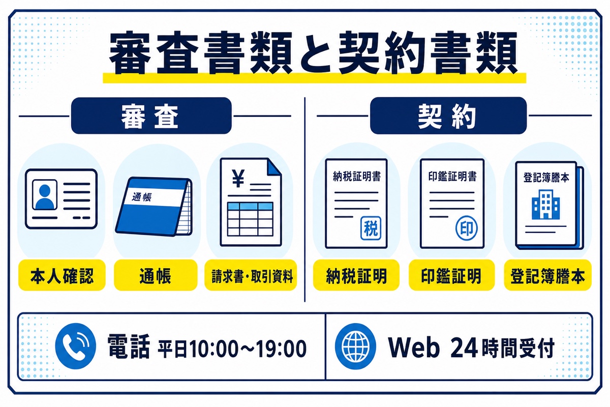 ベストファクターの審査書類と契約書類、電話営業時間とWeb受付時間を分けた図
