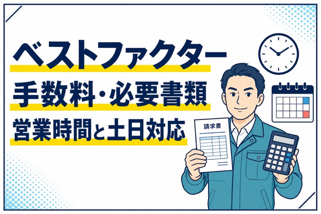 ベストファクターの手数料・必要書類・営業時間・土日対応を解説する記事のアイキャッチ