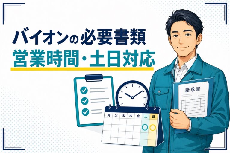 バイオンの必要書類・営業時間・土日対応を示すアイキャッチ