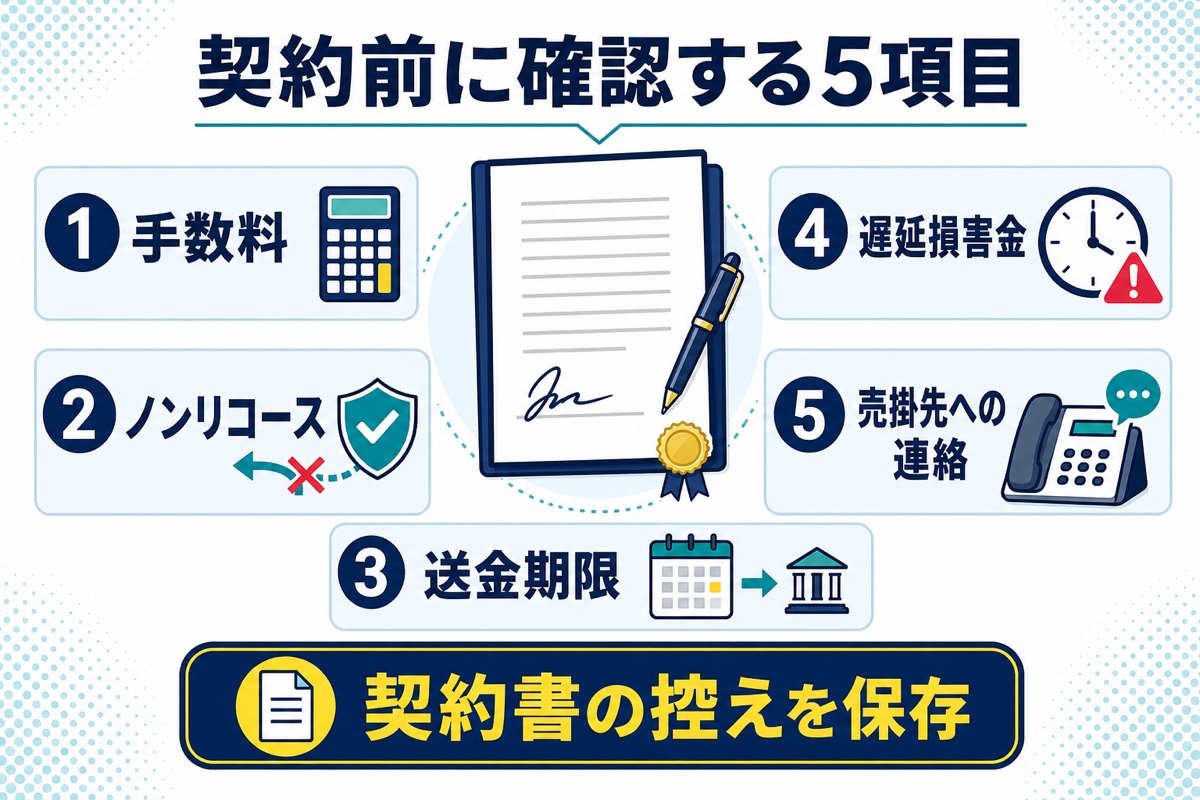 バイオンの契約前に手数料、ノンリコース、送金期限、遅延損害金、売掛先への連絡を確認する図