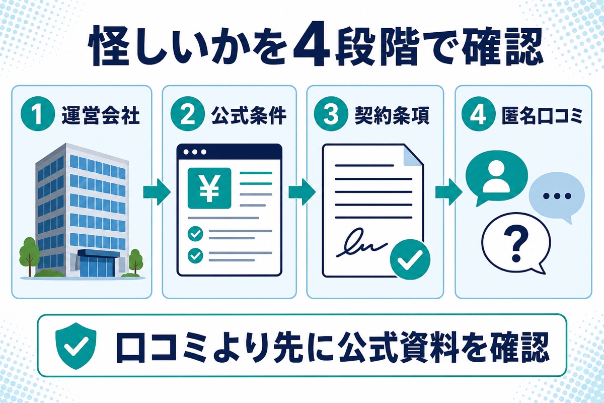バイオンの安全性を運営会社、公式条件、契約条項、匿名口コミの4段階で確認する図