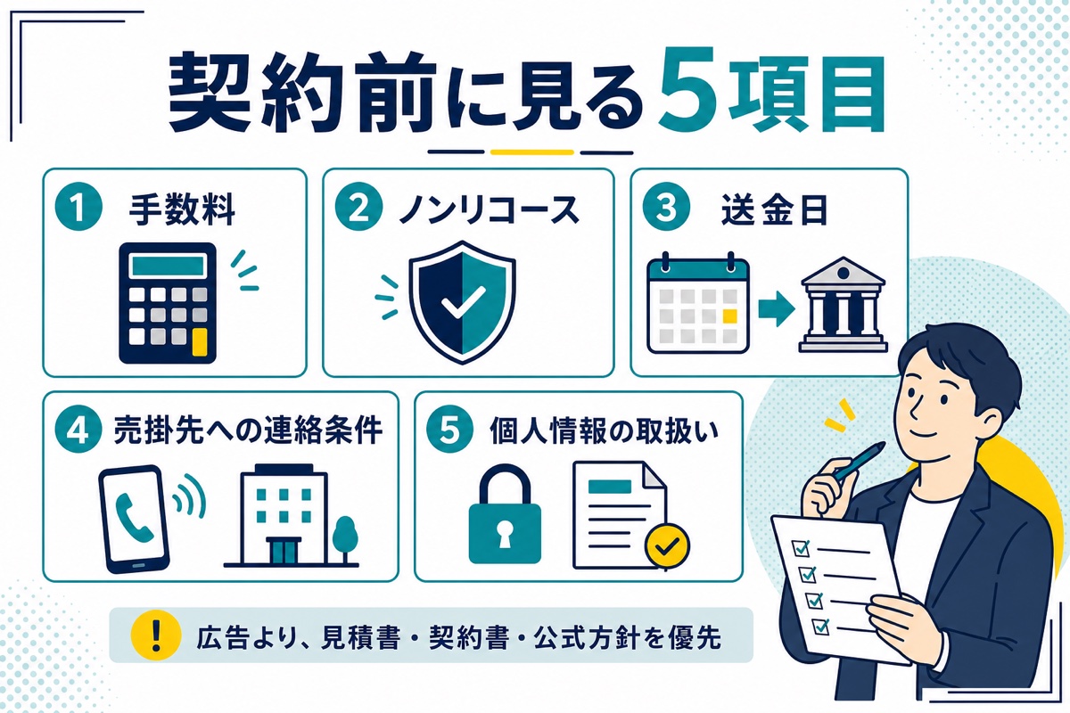 ペイトゥデイの契約前に手数料、ノンリコース、送金日、売掛先への連絡条件、個人情報の取扱いを確認する図