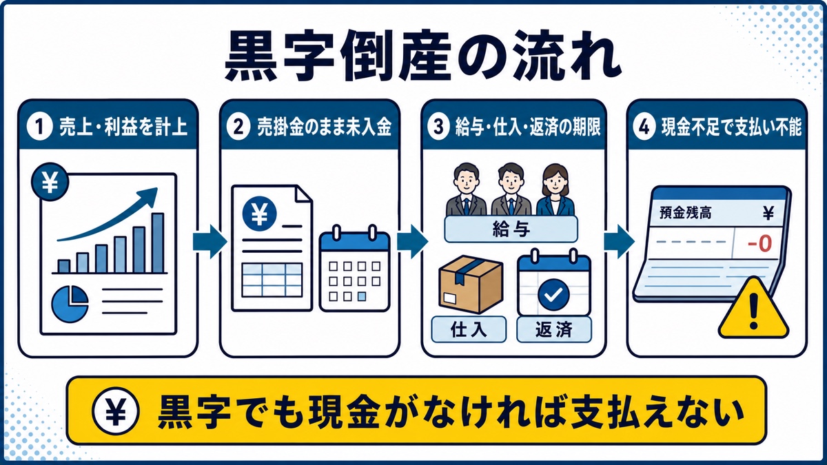 売上計上から売掛金未入金を経て現金不足で支払い不能になる黒字倒産の流れ