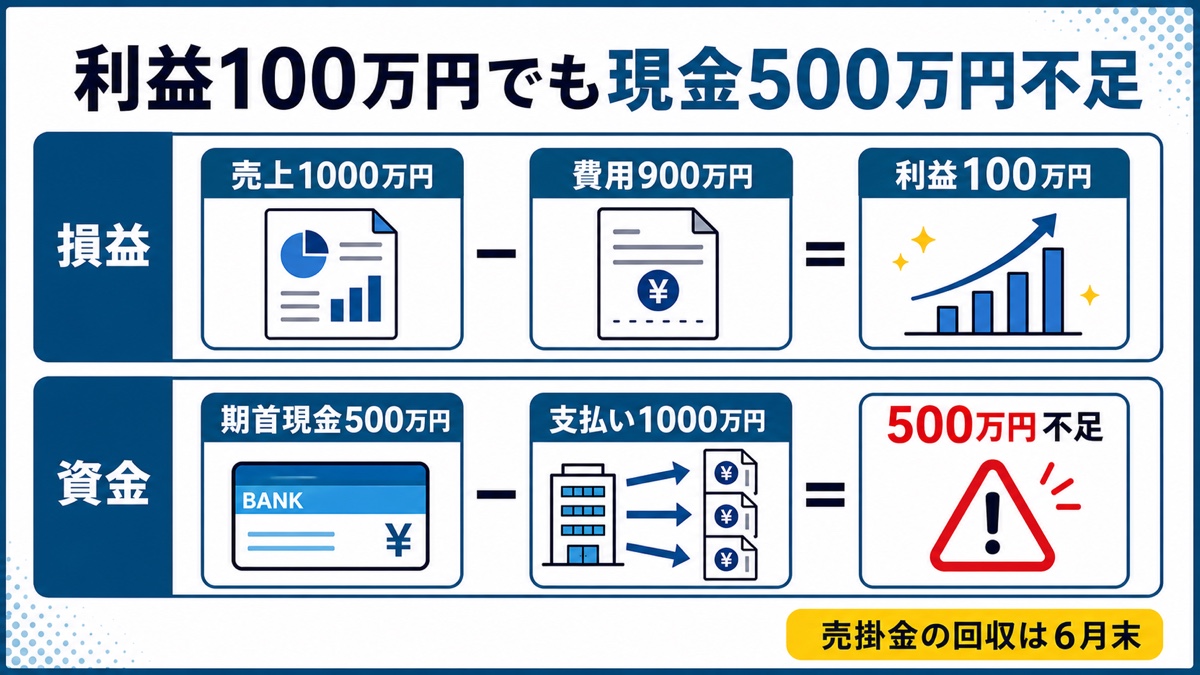 売上1000万円・利益100万円でも売掛金回収前に現金500万円が不足する計算例