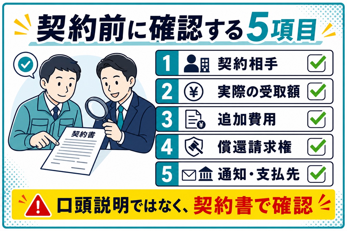 買速の契約前に契約相手・受取額・追加費用・償還請求権・通知条件を確認する図