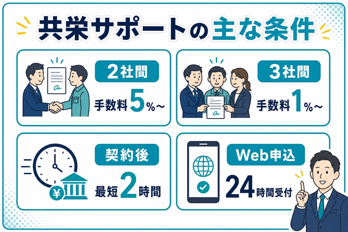 共栄サポートの2社間・3社間手数料と入金・申込条件を整理した図