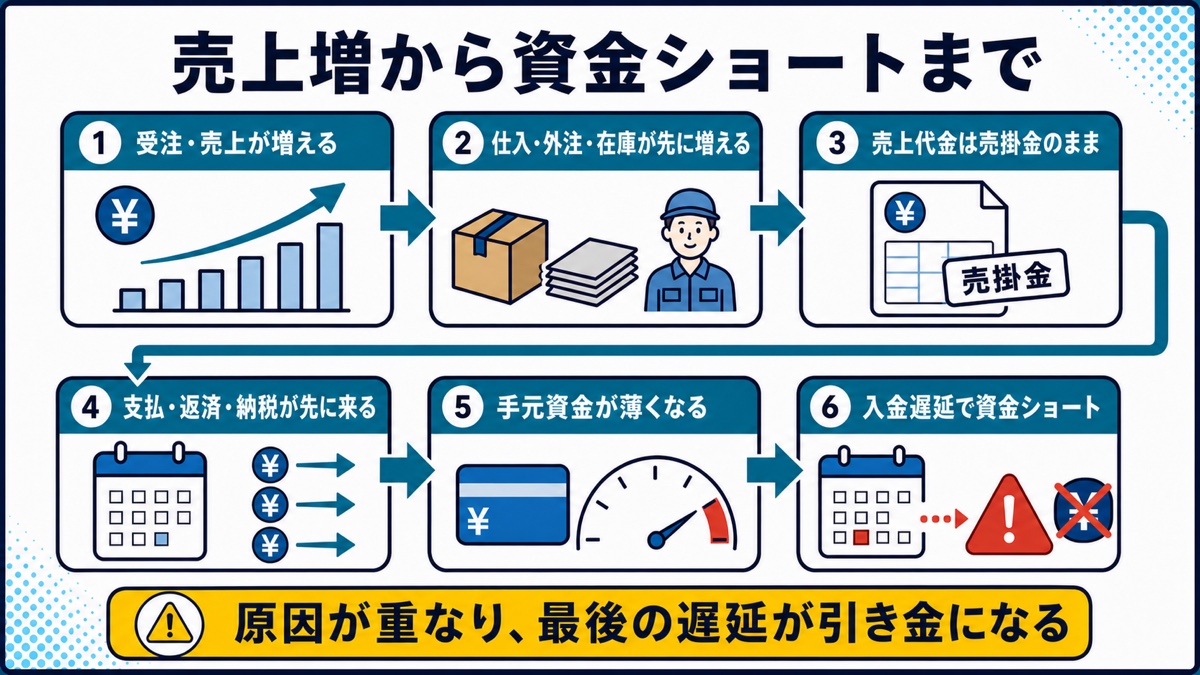 売上増から売掛金・支払い先行・入金遅延を経て資金ショートする流れ