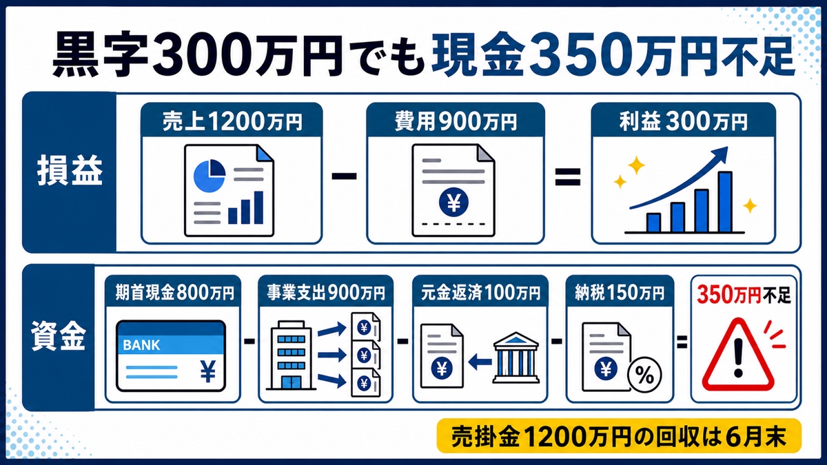 売上1200万円・利益300万円でも返済と納税で現金350万円が不足する計算例