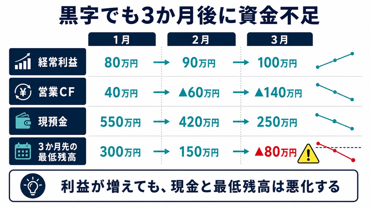 3か月連続黒字でも営業キャッシュフローと最低残高が悪化する計算例