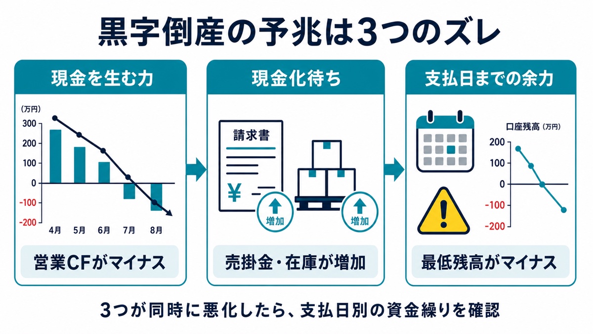 黒字倒産の予兆に表れる現金を生む力・現金化待ち・支払日までの余力の3つのズレ