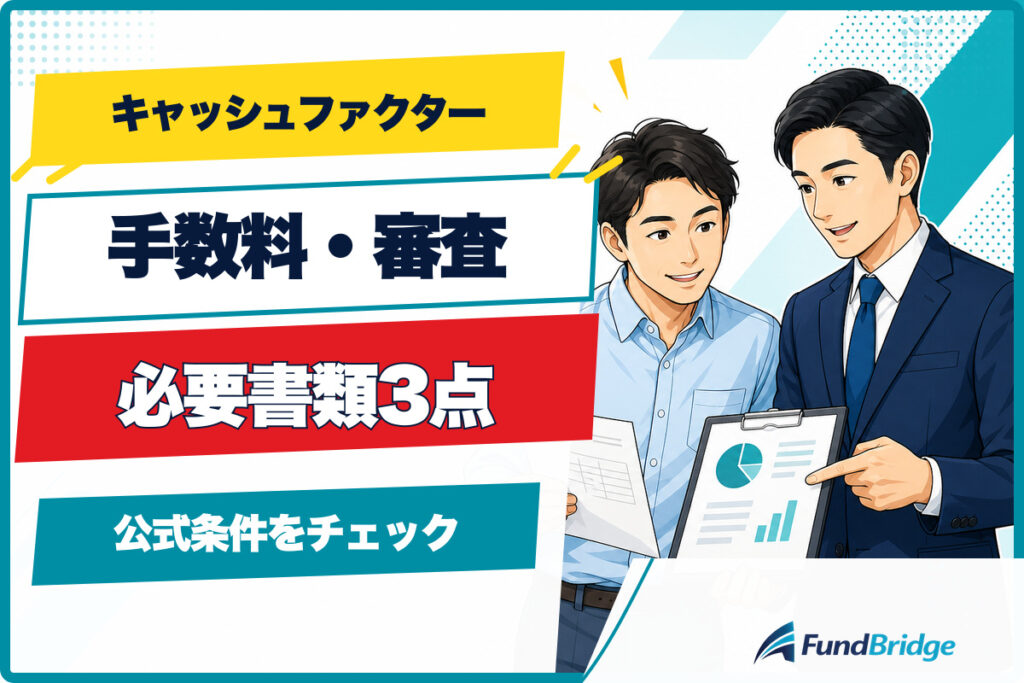 キャッシュファクターの手数料、審査、必要書類3点を案内する人物イラスト