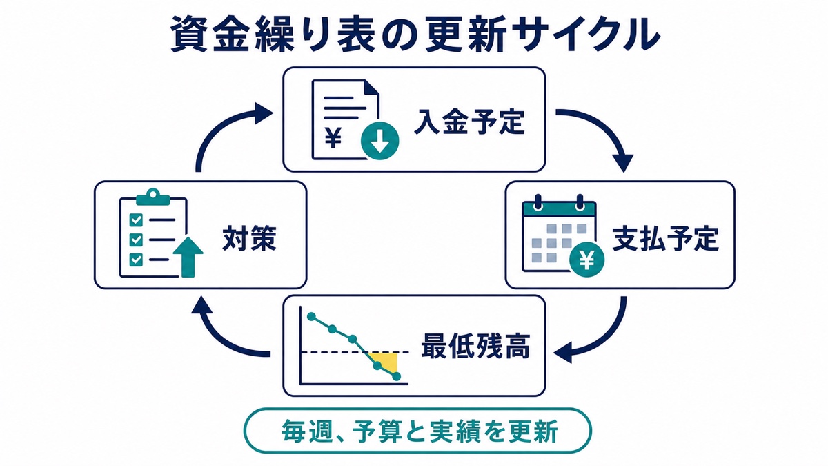 入金予定・支払予定・最低残高・対策を毎週更新する資金繰り表のサイクル
