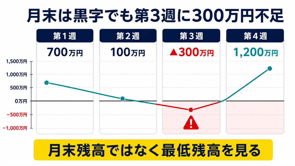 月末残高はプラスでも第3週に300万円不足する週間資金繰りの計算例