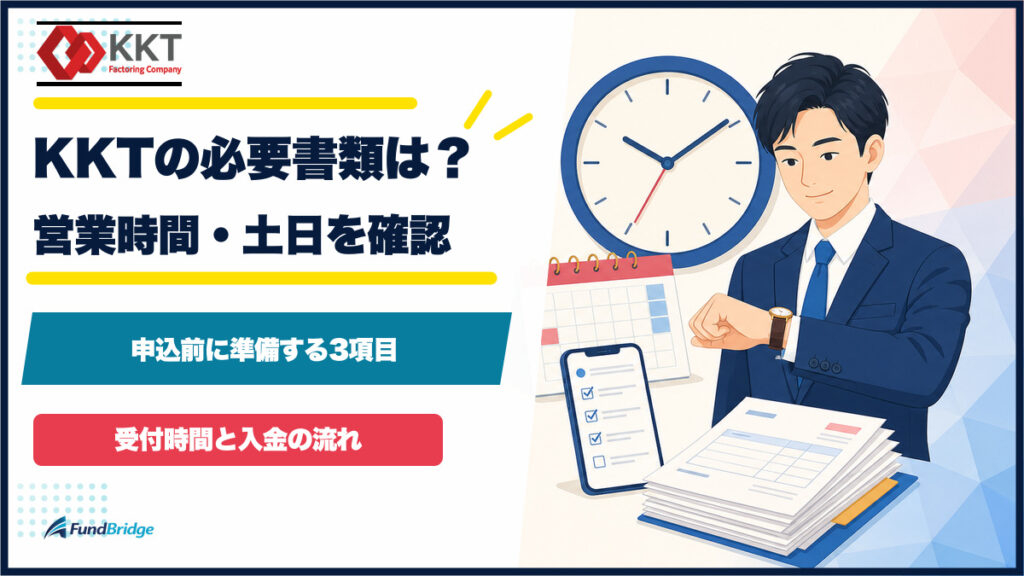 KKTの必要書類と営業時間・土日を確認するイラストのアイキャッチ