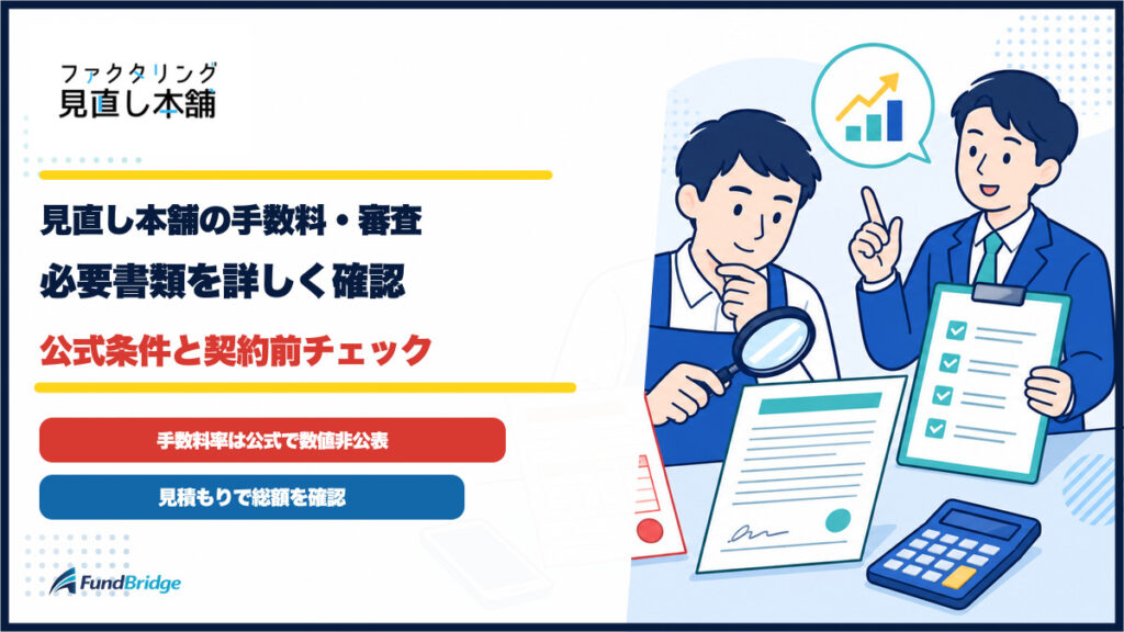 ファクタリング見直し本舗の手数料・審査・必要書類を公式条件と契約前チェックとともに確認するイラストのアイキャッチ
