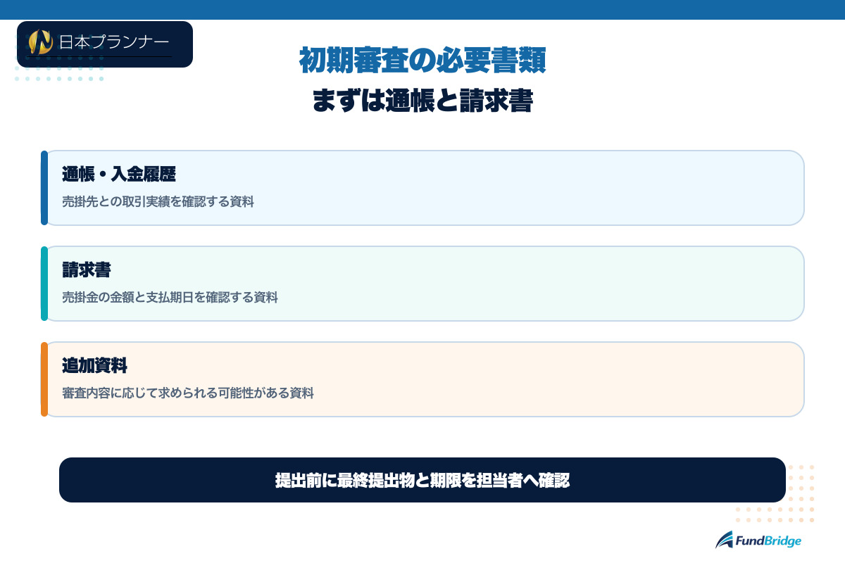 日本プランナーの初期審査で通帳と請求書を準備し追加資料を確認する図解