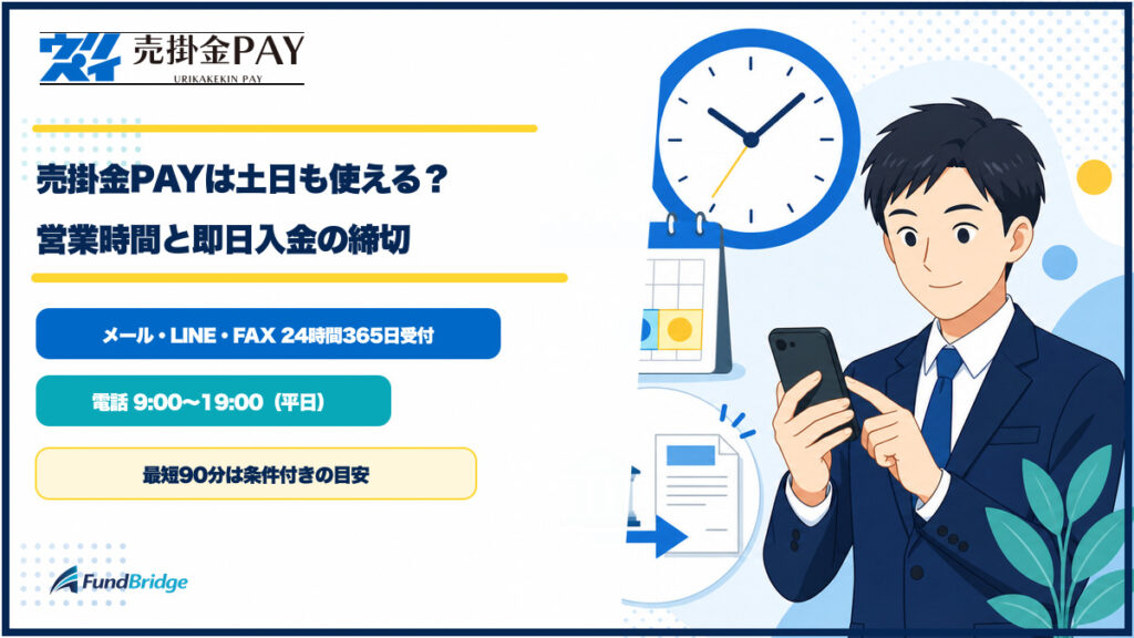 売掛金PAYの土日対応・営業時間と即日入金の締切を解説するイラスト