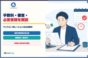 ワイズコーポレーションの手数料・審査・必要書類を解説するイラスト