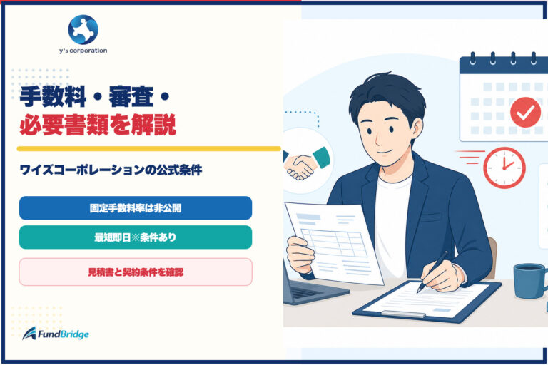 ワイズコーポレーションの手数料・審査・必要書類を解説するイラスト