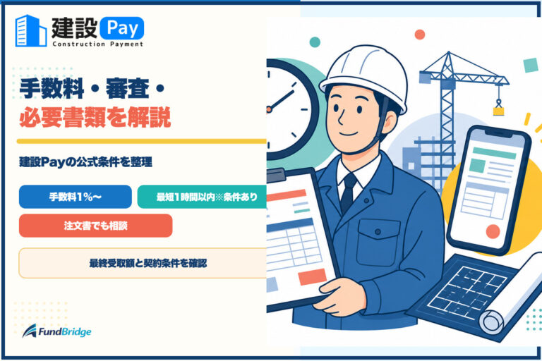 建設Payの手数料・審査・必要書類を解説するイラスト