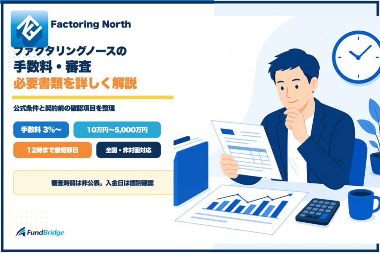 ファクタリングノースの手数料・審査・必要書類を解説するイラスト