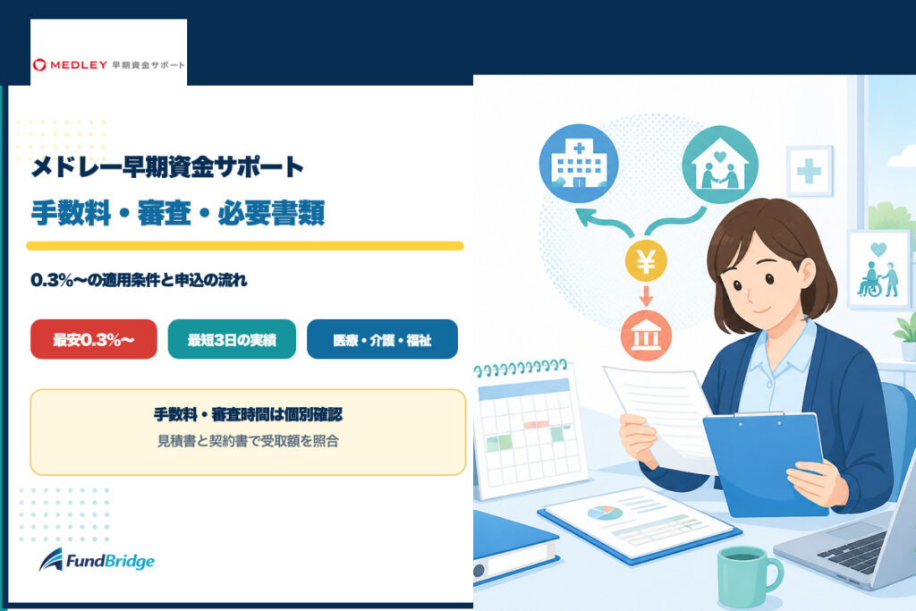 メドレー早期資金サポートの手数料・審査・必要書類を解説するイラスト