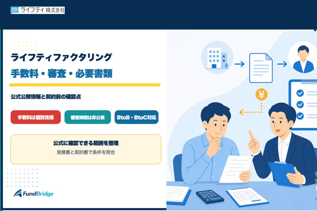 ライフティファクタリングの手数料・審査・必要書類を解説するイラスト
