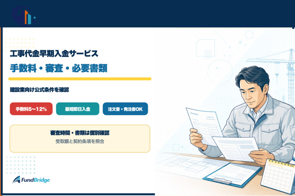 工事代金早期入金サービスの手数料・審査・必要書類を解説するイラスト